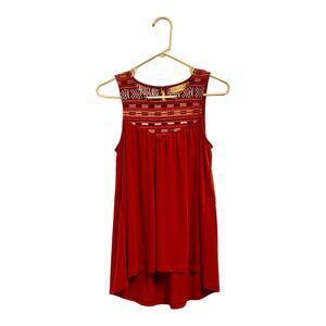Altar'd State Embroidered Boho Aztec Tank Womens S Dark Orange Button Neck Flowy